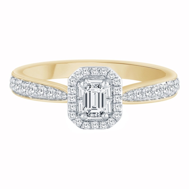 Solitaire entouré Caprice serti clos diamant et émeraude en or 18 carats