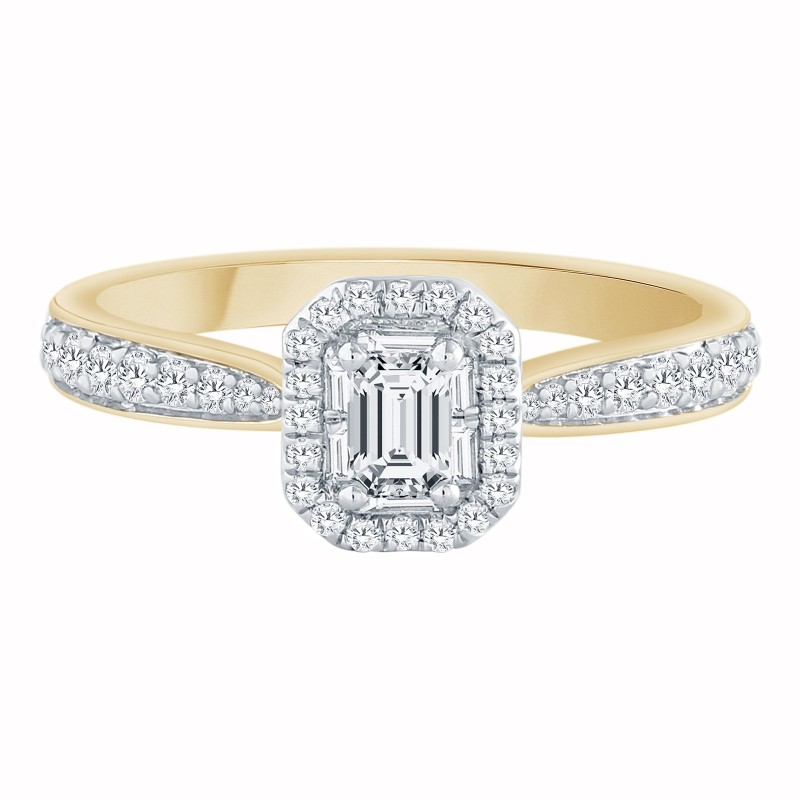 Solitaire entouré Caprice serti clos diamant et émeraude en or 18 carats