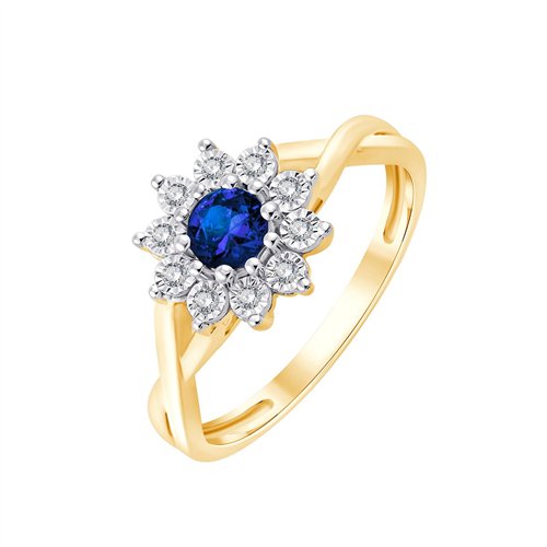 Solitaire entouré saphir et diamant en or 9 carats