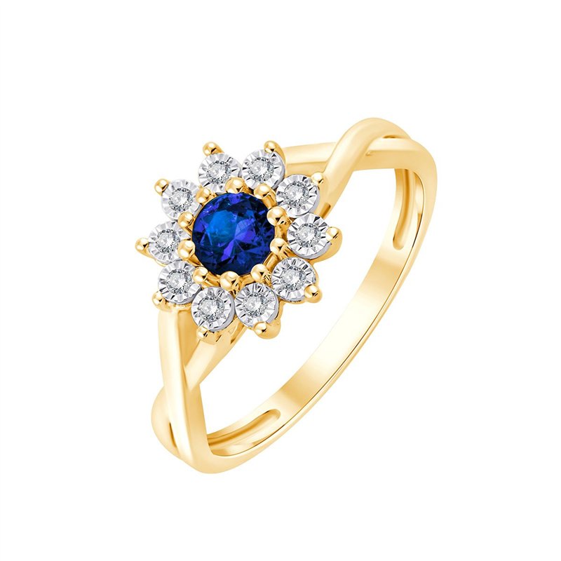 Solitaire entouré saphir et diamant en or 9 carats