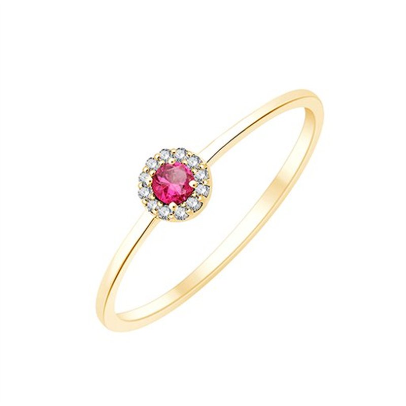 Solitaire entouré serti clos rubis et diamant en or 9 carats